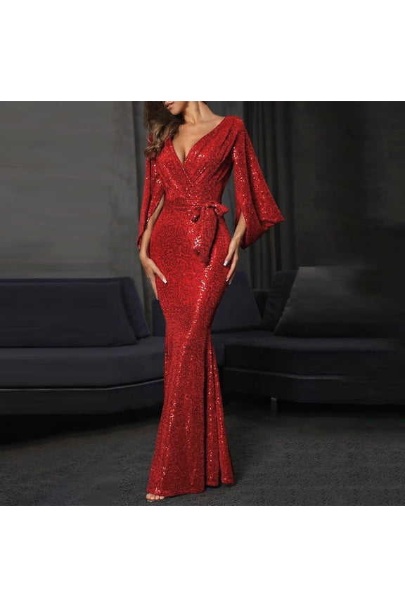 Wedding Dress Women Sequin Dress for Women Wedding Dress Woman Elegant V-Neck Sequin Dress - Flared Sleeves and Fitted Waist for A Evening Party