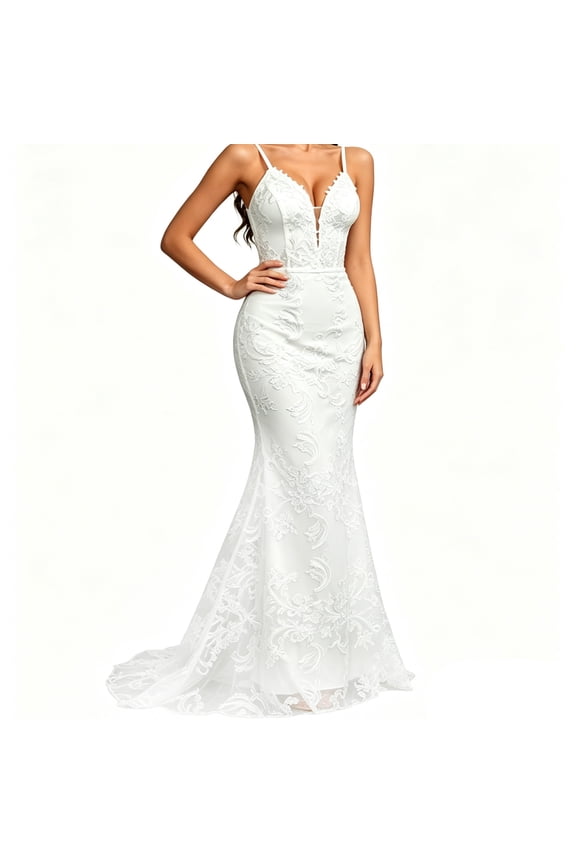 Wedding Dress for Bride – V Neck Long Lace Bridal Gown with Train – Elegant Vintage Boho Wedding Dresses for Church or Beach