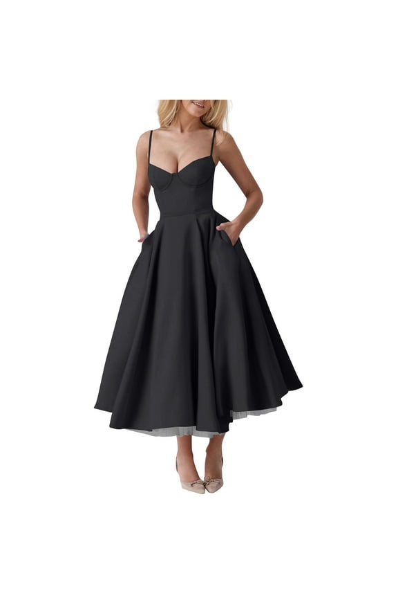 Wedding Dresses For Bride, Women'S Adjustable Strap Double-Layer Empire Waist Princess Mesh Maxi Dress 2025 Flowy Boho Summer Dresses Guest, Beach Party Dress Bodycon Dress (XXL, Black) ZMTing