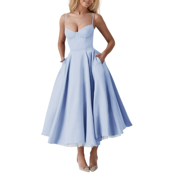 Wedding Dresses For Bride, Women'S Adjustable Strap Double-Layer Empire Waist Princess Mesh Maxi Dress 2025 Flowy Boho Summer Dresses Guest, Beach Party Red Dress Gown (M, Light Blue) ZMTing