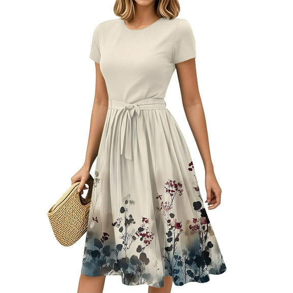 Wedding Dresses For Bride, Womens 2025 Summer Casual Dress Floral Belted Short Sleeve Round Neck Cocktail Beach Sundress Lightweight Guest Party Daily Wear Midi Dress Gothic (M, Khaki) ZMTing