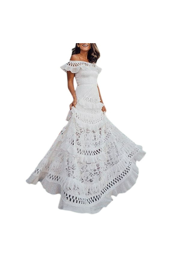 Wedding Dresses for Bride 2024 off Shoulder Strapless High Waist Swing Maxi Dresses Hollow out Ruffle Hem Long Dress