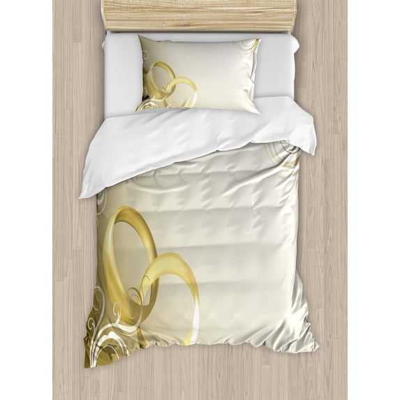 Wedding Duvet Cover Set, 2 Wedding Rings Entangled Swirled Floral Framework Romantic Celebration, Decorative 2 Piece Bedding Set with 1 Pillow Shams, Twin Size, Yellow Sepia Coconut, by Ambesonne