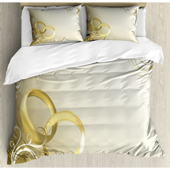 Wedding Duvet Cover Set, 2 Wedding Rings Entangled Swirled Floral Framework Romantic Celebration, Decorative 3 Piece Bedding Set with 2 Pillow Shams, Queen Size, Yellow Sepia Coconut, by Ambesonne