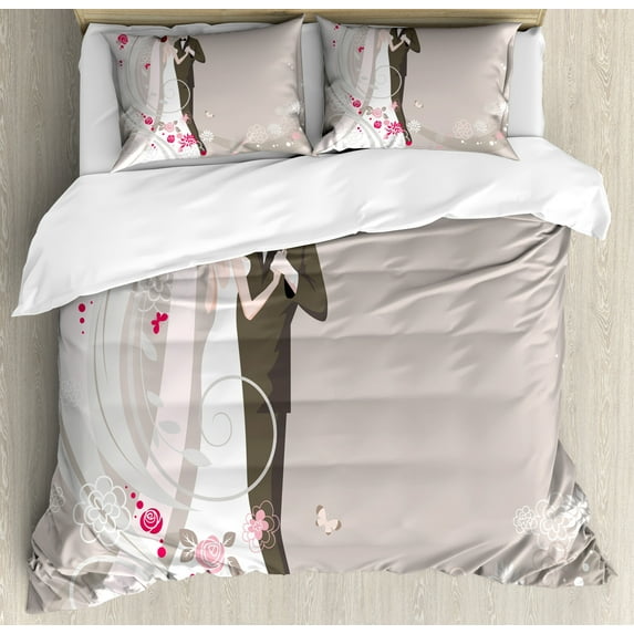 Wedding Duvet Cover Set, Abstract Wedding Ceremony Floral Ornament Designs Bride and Groom Celebration, Decorative 3 Piece Bedding Set with 2 Pillow Shams, Queen Size, Grey Black Pink, by Ambesonne