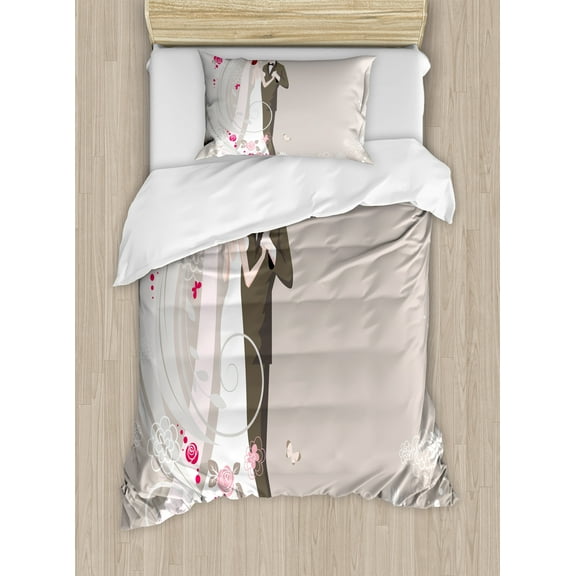 Wedding Duvet Cover Set, Abstract Wedding Ceremony Floral Ornament Designs Bride and Groom Celebration, Decorative 2 Piece Bedding Set with 1 Pillow Shams, Twin Size, Grey Black Pink, by Ambesonne