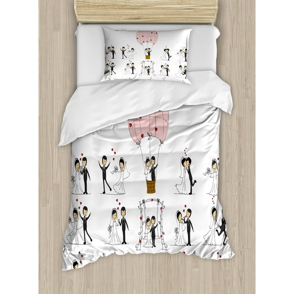 Wedding Duvet Cover Set, Bride and Groom Wedding Pictures in Comic Book Style Honeymoon Celebration, Decorative 2 Piece Bedding Set with 1 Pillow Shams, Twin Size, White Black Pink, by Ambesonne