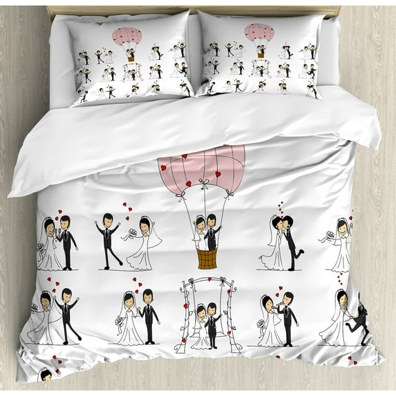 Wedding Duvet Cover Set, Bride and Groom Wedding Pictures in Comic Book Style Honeymoon Celebration, Decorative 3 Piece Bedding Set with 2 Pillow Shams, Calking Size, White Black Pink, by Ambesonne