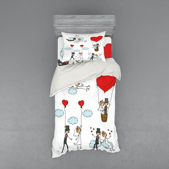 Wedding Duvet Cover Set, Cartoon Couple Romantic Caricatures Getting Married Newlywed Happiness, Bedding Set with Shams and Fitted Sheet, 3 Sizes, by Ambesonne