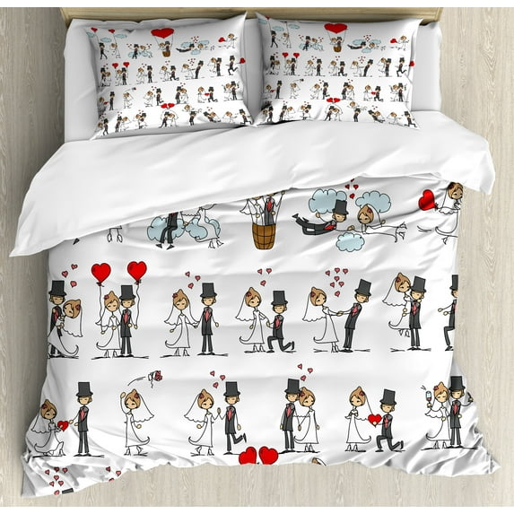 Wedding Duvet Cover Set, Cartoon Style Couple on Clouds with Hearts Celebration Love Themed, Decorative 3 Piece Bedding Set with 2 Pillow Shams, Calking Size, Red Mint Green Grey, by Ambesonne