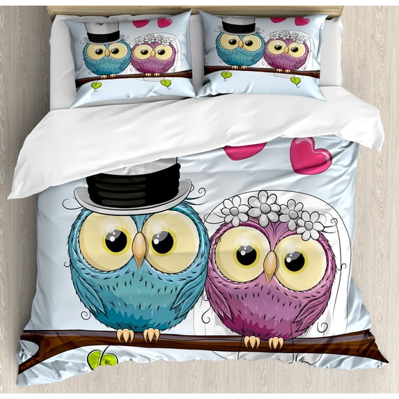 Wedding Duvet Cover Set, Celebration 2 Cartoon Style Funny Owls Husband Wife Bride and Groom, Decorative 3 Piece Bedding Set with 2 Pillow Shams, King Size, Purple Blue Pink, by Ambesonne