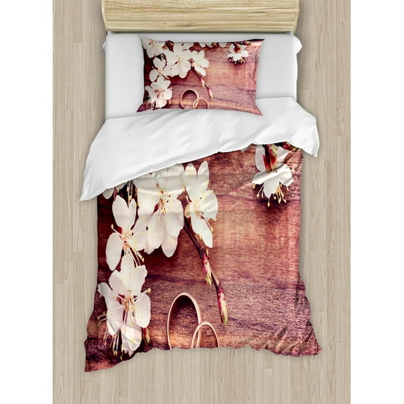 Wedding Duvet Cover Set, Celebration Flowering Branch Delicate Rings on Wooden Surface Rustic Effect, Decorative 2 Piece Bedding Set with 1 Pillow Shams, Twin Size, Brown and White, by Ambesonne