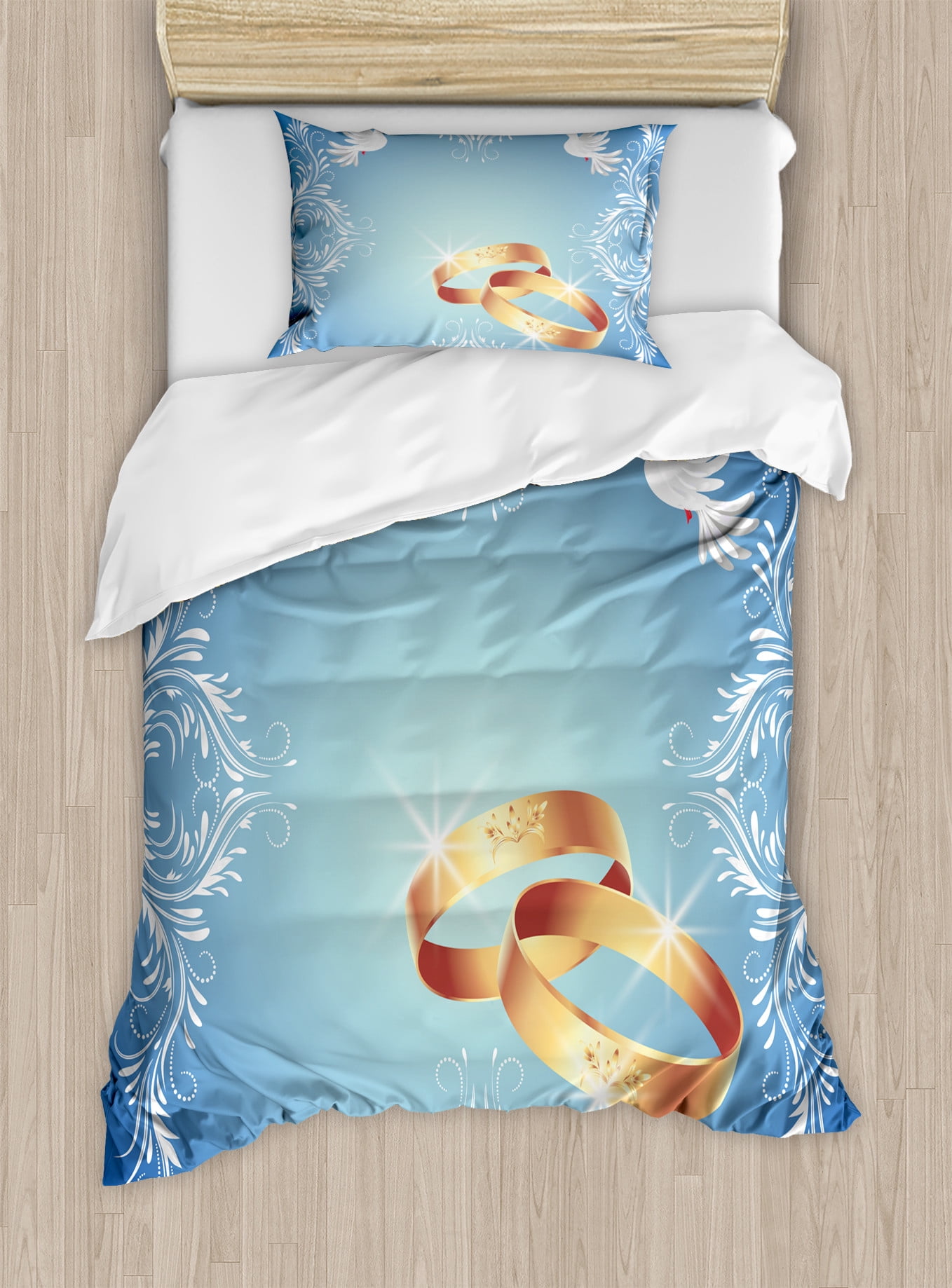 Wedding Duvet Cover Set, Celebration Ornament Frame 2 Flying Doves