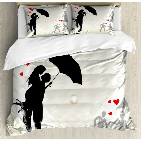 Wedding Duvet Cover Set, Couple in Love Umbrella Red Hearts Daisies Romance in the Air Celebration, Decorative 3 Piece Bedding Set with 2 Pillow Shams, Calking Size, Black White Red, by Ambesonne