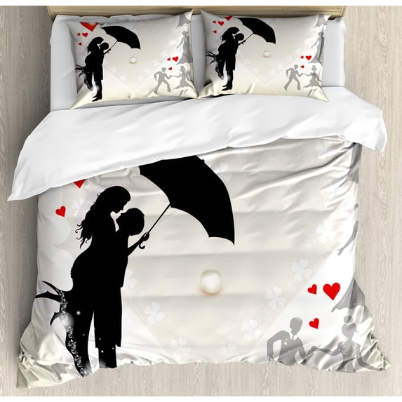 Wedding Duvet Cover Set, Couple in Love Umbrella Red Hearts Daisies Romance in the Air Celebration, Decorative 3 Piece Bedding Set with 2 Pillow Shams, Queen Size, Black White Red, by Ambesonne