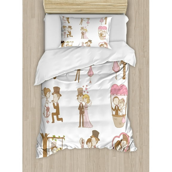Wedding Duvet Cover Set, Wedding Doodle Set Bride and Groom Romantic Retro Style Work of Art Print, Decorative 2 Piece Bedding Set with 1 Pillow Shams, Twin Size, Brown Pink White, by Ambesonne