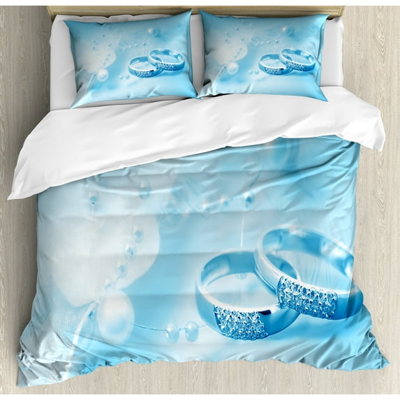 Wedding Duvet Cover Set, Engagement Rings Pearls on Pastel Colored Dreamy Background Art Print, Decorative 3 Piece Bedding Set with 2 Pillow Shams, Calking Size, Pale Blue White, by Ambesonne