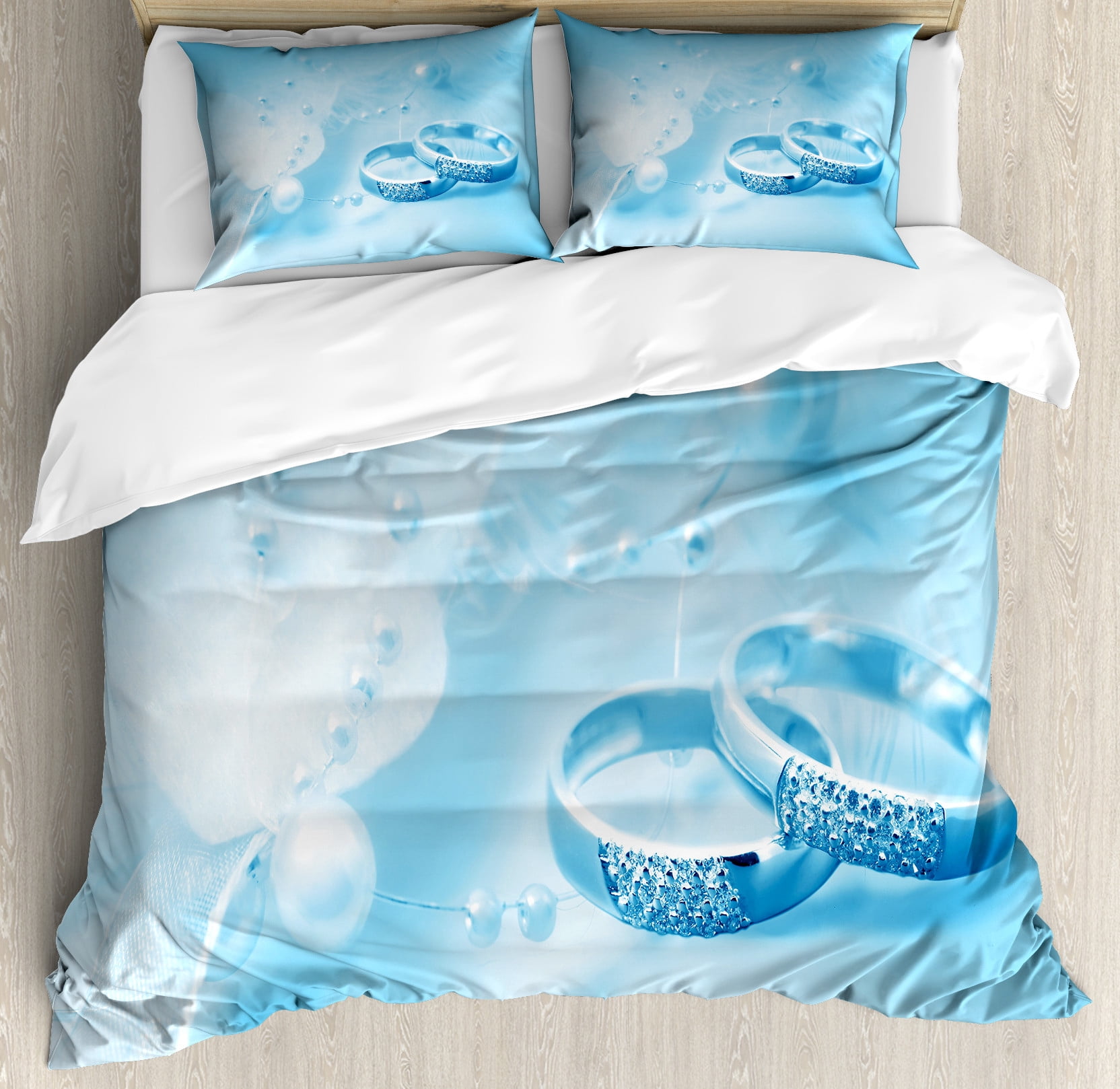 Wedding Duvet Cover Set, Engagement Rings Pearls on Pastel Colored