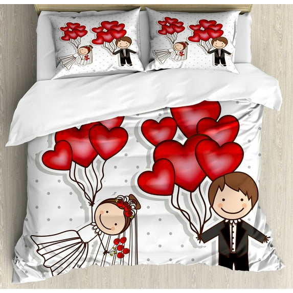 Wedding Duvet Cover Set, Funny Cartoon Style Newlyweds with Heart Shaped Balloons Dots Happiness, Decorative 3 Piece Bedding Set with 2 Pillow Shams, Calking Size, Red White Black, by Ambesonne