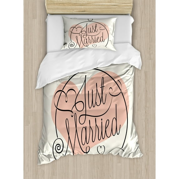 Wedding Duvet Cover Set, Hand Writing of Just Married on Pink Heart Tulip Flower Art Print, Decorative 2 Piece Bedding Set with 1 Pillow Shams, Twin Size, Coral Black White, by Ambesonne