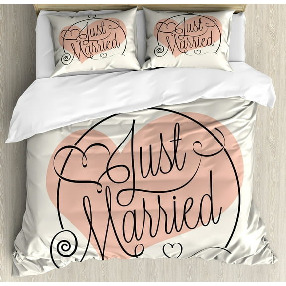 Wedding Duvet Cover Set, Hand Writing of Just Married on Pink Heart Tulip Flower Art Print, Decorative 3 Piece Bedding Set with 2 Pillow Shams, Queen Size, Coral Black White, by Ambesonne