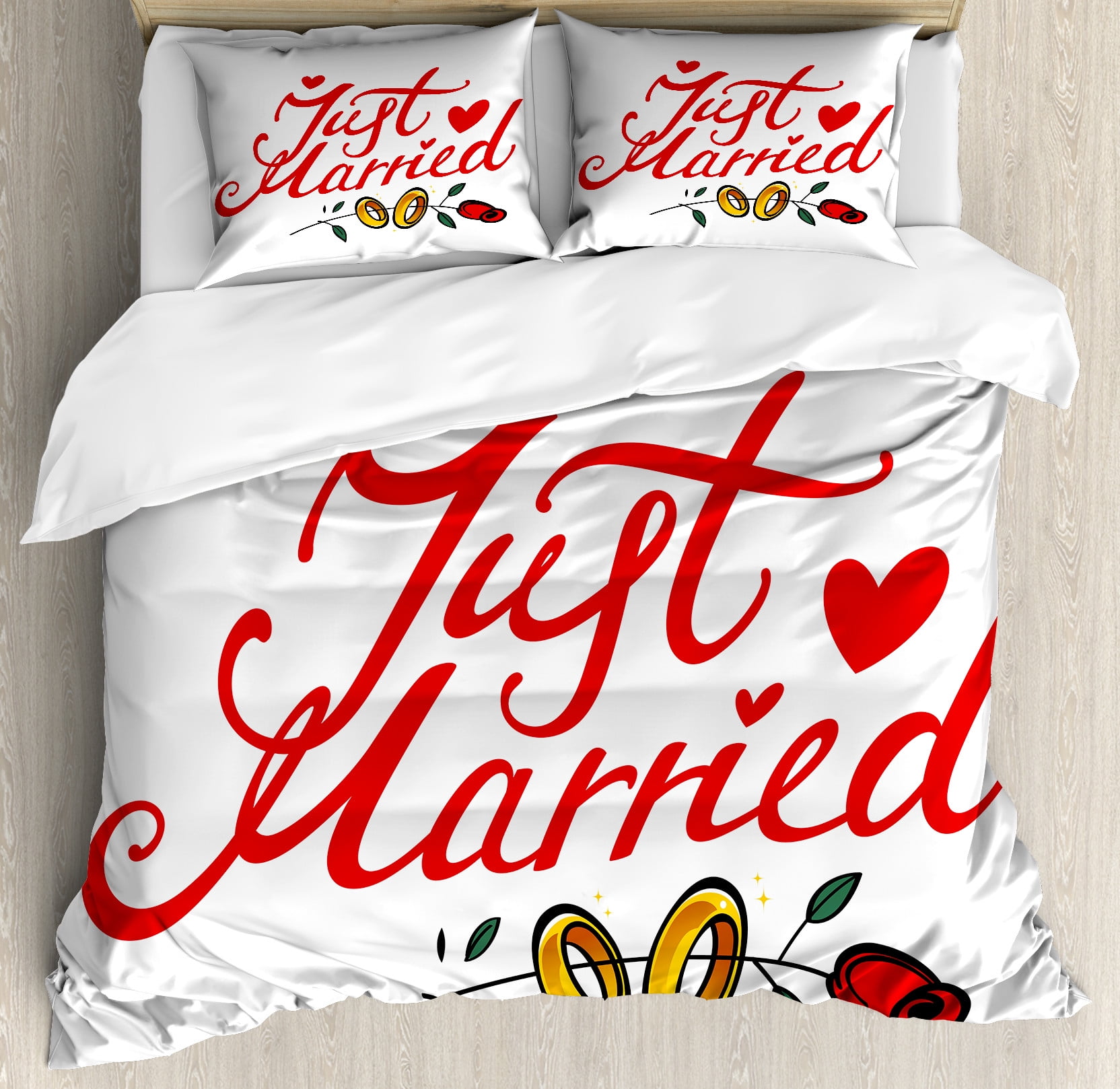 Wedding Duvet Cover Set, Just Married Hand Writing in Red and Rose with