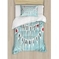 thumbnail image 1 of Wedding Duvet Cover Set, Just Married Letters on Triangular Flags Hanged on Blue Wooden Door Art Print, Decorative 2 Piece Bedding Set with 1 Pillow Shams, Twin Size, Blue Black Red, by Ambesonne, 1 of 3