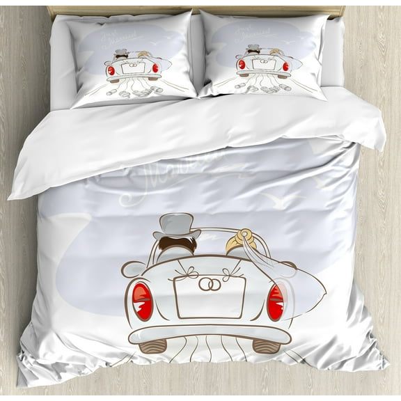 Wedding Duvet Cover Set, Just Married Retro Hand Writing Bride and Groom in Car Cans Birds Celebration, Decorative 3 Piece Bedding Set with 2 Pillow Shams, Calking Size, Grey Red White, by Ambesonne