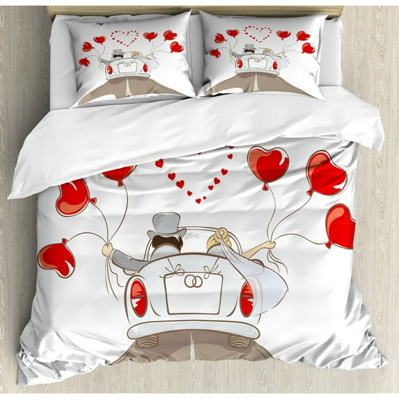 Wedding Duvet Cover Set, Newlywed Couple in Vintage Car with Heart Shaped Balloons Drawing Art Print, Decorative 3 Piece Bedding Set with 2 Pillow Shams, King Size, Red Taupe White, by Ambesonne