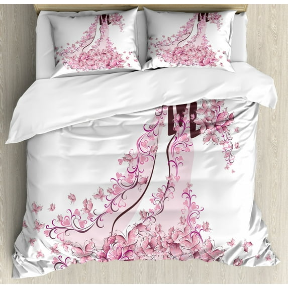 Wedding Duvet Cover Set Queen Size, Flowers Hearts Butterflies on Wedding Dress Bridal Gown Artowork Print, Decorative 3 Piece Bedding Set with 2 Pillow Shams, Pale Pink Maroon White, by Ambesonne