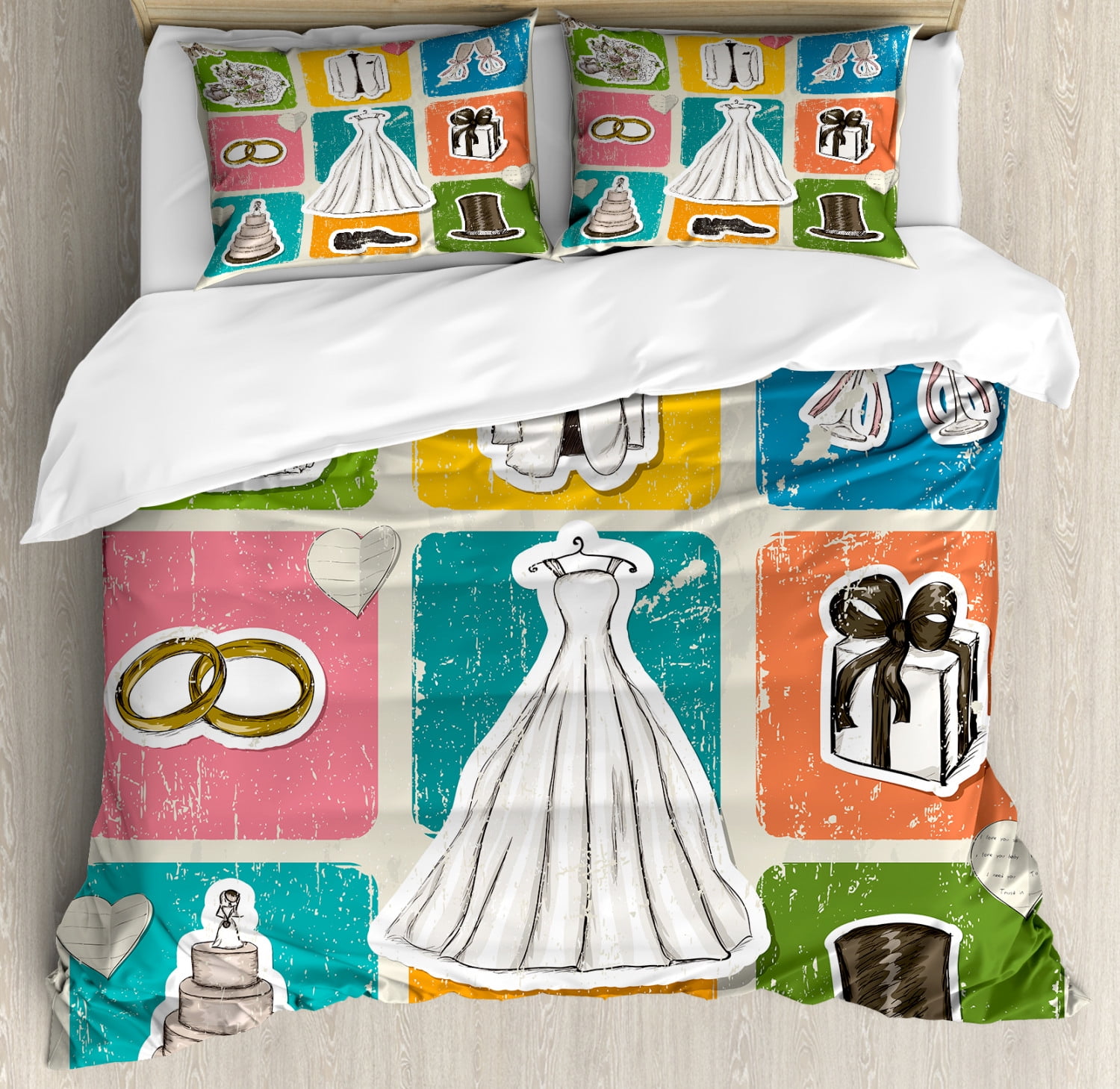 Wedding Duvet Cover Set Queen Size, Vintage Poster Style Framework