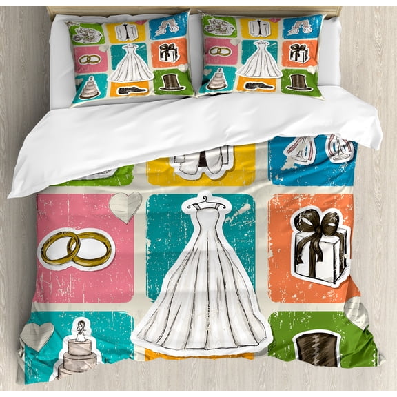 Wedding Duvet Cover Set Queen Size, Vintage Poster Style Framework Wedding Dresses Cake Flowers Classical Art Print, Decorative 3 Piece Bedding Set with 2 Pillow Shams, Multicolor, by Ambesonne