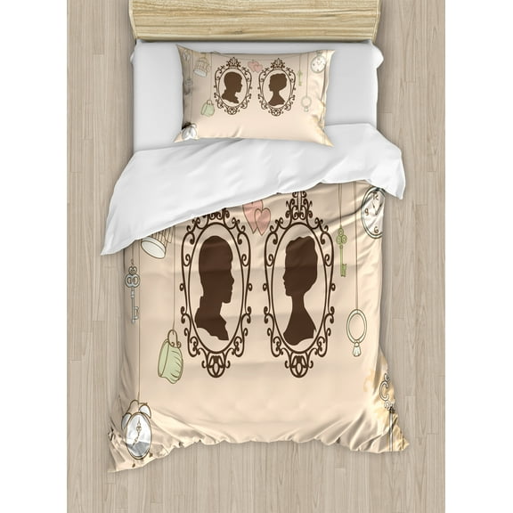 Wedding Duvet Cover Set, Vintage Silhouette Frames Married Couple French Style Design Happiness, Decorative 2 Piece Bedding Set with 1 Pillow Shams, Twin Size, Pale Pink Dark Brown, by Ambesonne