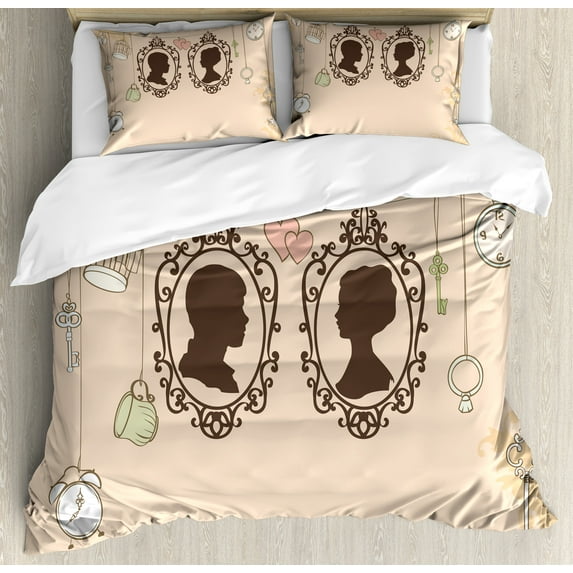 Wedding Duvet Cover Set, Vintage Silhouette Frames Married Couple French Style Design Happiness, Decorative 3 Piece Bedding Set with 2 Pillow Shams, Calking Size, Pale Pink Dark Brown, by Ambesonne