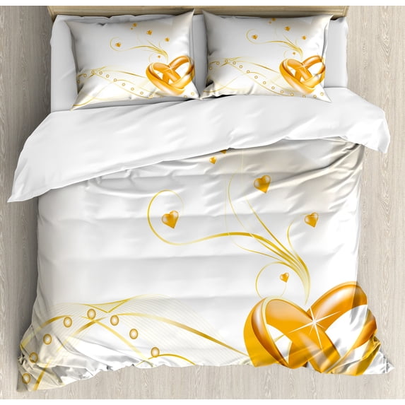 Wedding Duvet Cover Set, Wedding Rings Entangled in Shape of Heart 3D Style Romantic Design Art Print, Decorative 3 Piece Bedding Set with 2 Pillow Shams, Queen Size, Marigold White, by Ambesonne