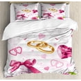 thumbnail image 1 of Wedding Duvet Cover Set, Wedding Themed Art Invitation Announcement Hearts Rings Birds Happiness, Decorative 3 Piece Bedding Set with 2 Pillow Shams, King Size, Pink White Orange, by Ambesonne, 1 of 3
