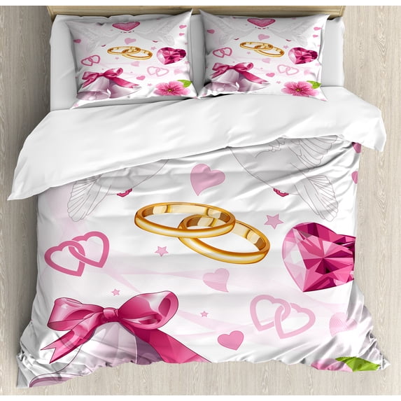 Wedding Duvet Cover Set, Wedding Themed Art Invitation Announcement Hearts Rings Birds Happiness, Decorative 3 Piece Bedding Set with 2 Pillow Shams, King Size, Pink White Orange, by Ambesonne