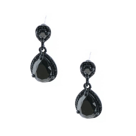 Wedding Earrings Black Jet Rhinestone Pear Shape Rhodium Plated DangleEarrings