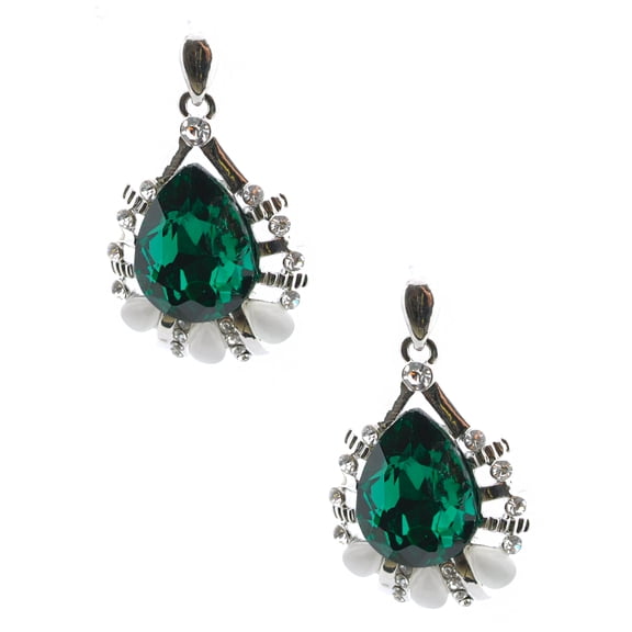 Wedding Earrings Rhodium Plating Emerald Rhinestone Tear Drop Earring