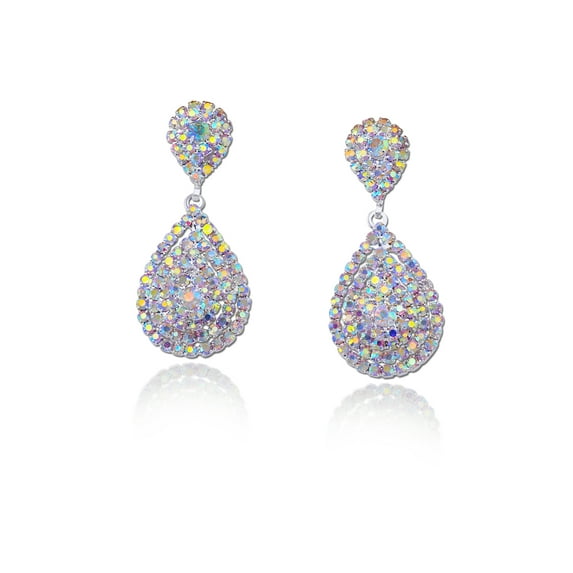 Wedding Earrings Silver Aurora Borealis Rhinestone Teardrop Formation Dangle Earrings