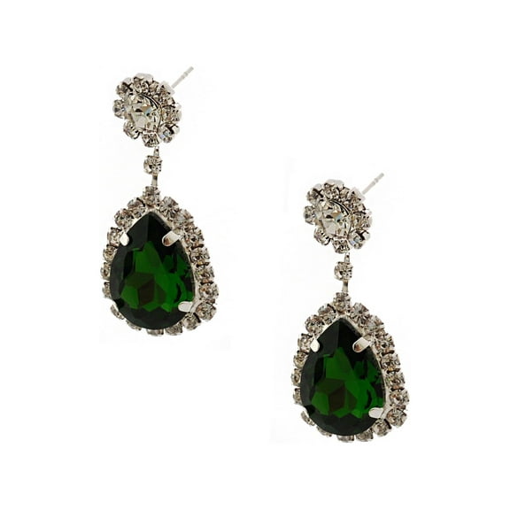Wedding Earrings Silver Emerald Green Rhinestone Tear Drop Earrings