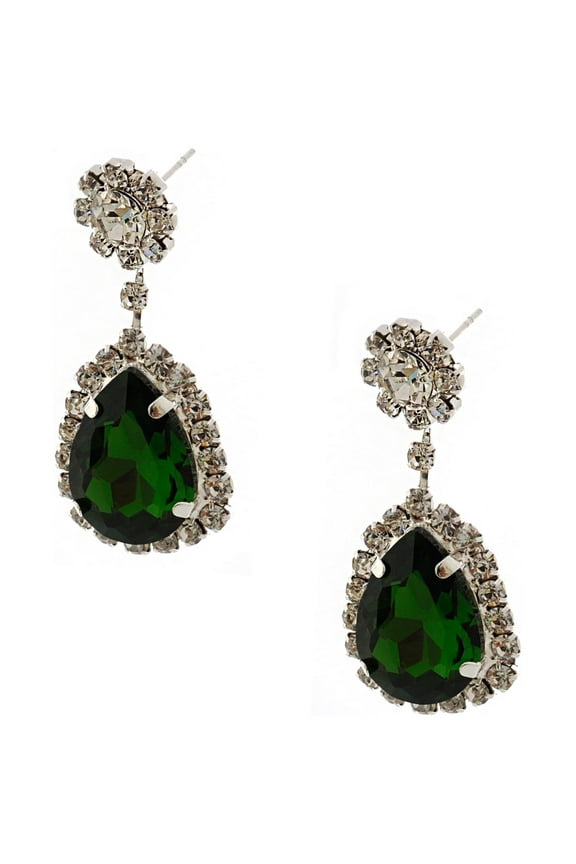 Wedding Earrings Silver Emerald Green Rhinestone Tear Drop Earrings