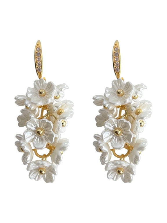 Wedding Earrings for Women 14K Gold Plated Dangle Flower Resin Earrings with 925 Silver Post Fancy White Bridal Jewelry
