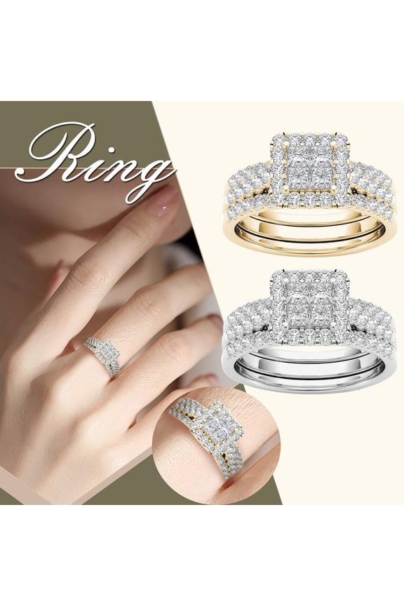 Wedding Engagement Ring Bridal Set Wedding Ring Sets Couple Rings Gold-plated Inlaid Zircon Ring Classic Jewelry for Wedding Birthday Christmas Thanksgiving Gold Size 6