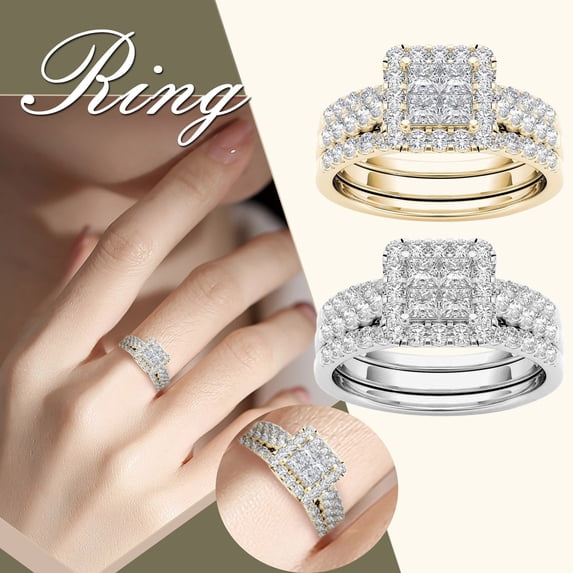 Wedding Engagement Ring Bridal Set Wedding Ring Sets Couple Rings Gold-plated Inlaid Zircon Ring Classic Jewelry for Wedding Birthday Christmas Thanksgiving Silver Size 6