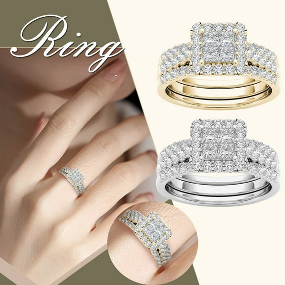 Wedding Engagement Ring Bridal Set Wedding Ring Sets Couple Rings Gold-plated Inlaid Zircon Ring Classic Jewelry for Wedding Birthday Christmas Thanksgiving Gold Size 10