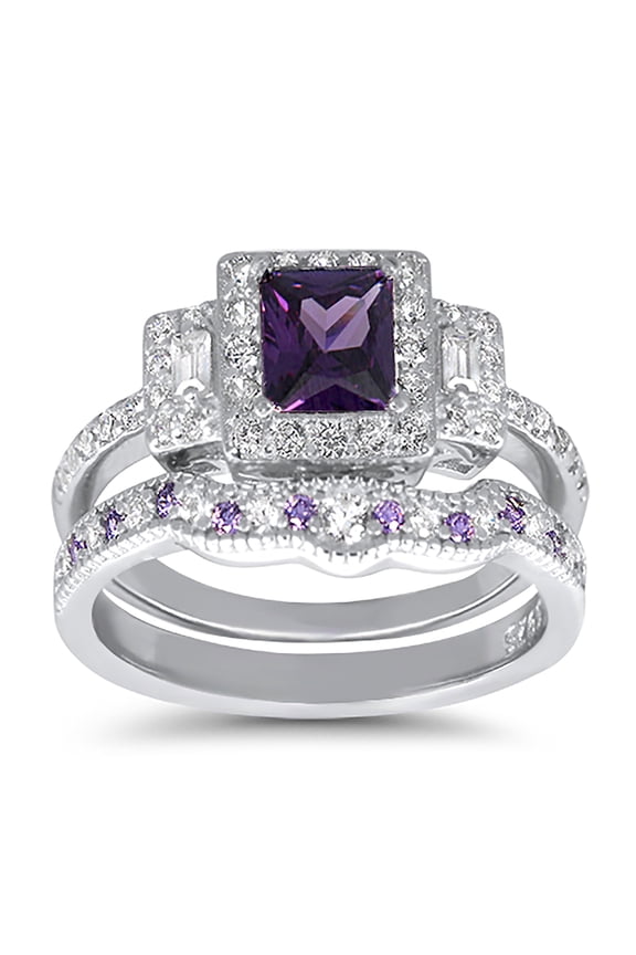 Wedding & Engagement Ring Set for Women Sterling Silver Simulated Amethyst CZ Size 5