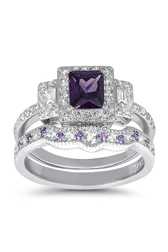 Wedding & Engagement Ring Set for Women Sterling Silver Simulated Amethyst CZ Size 7