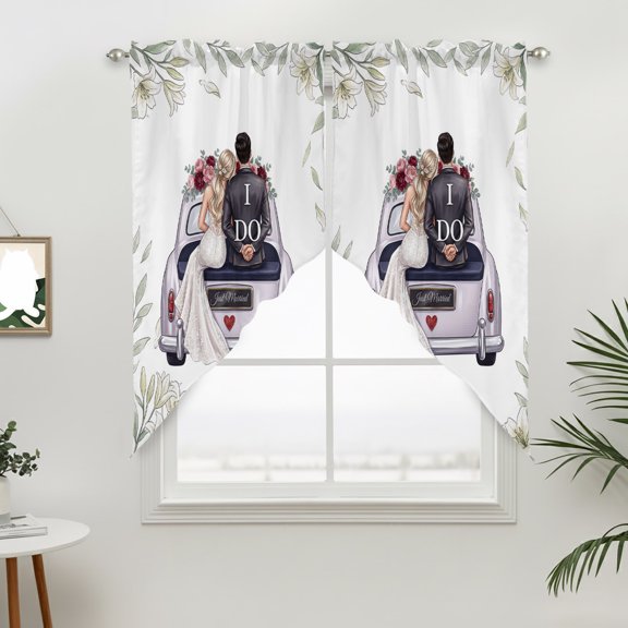 Wedding Exit Swag Valances for Windows, Retro Romantic Celebration Travel Rod Pocket Short Curtains, Machine Washable Kitchen Window Topper for Bathroom Living Room, 28 x 36 Inch, 1 Pair
