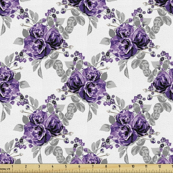 Ambesonne Wedding Fabric by the Yard Upholstery, Romantic Violet Rose Blooms, 5 Yards, Violet Pale Grey